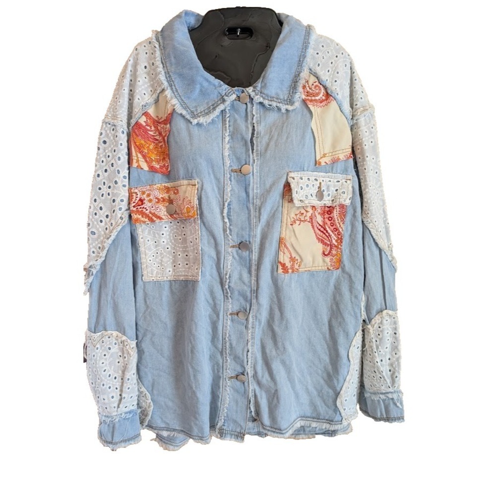 New Pol Denim Shacket Womens Top L Distressed Patchwork Indie Boho Anthropologie - Picture 2 of 11